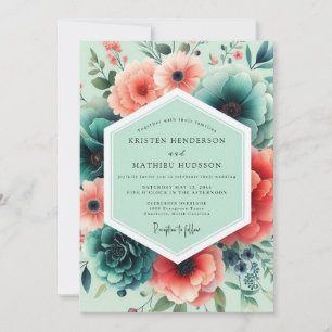 Invitación Boda floral exuberante de coral menta