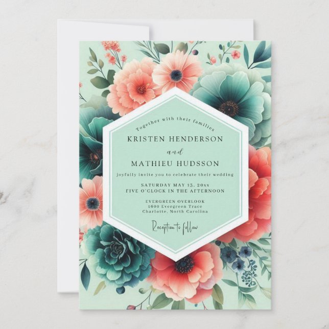 Invitación Boda floral exuberante de coral menta (Anverso)