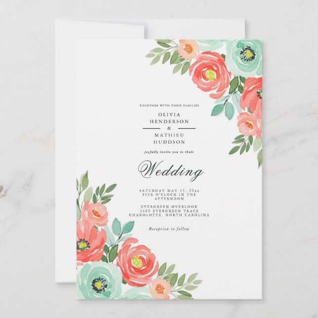 Invitación Boda floral exuberante de menta coral (Anverso)