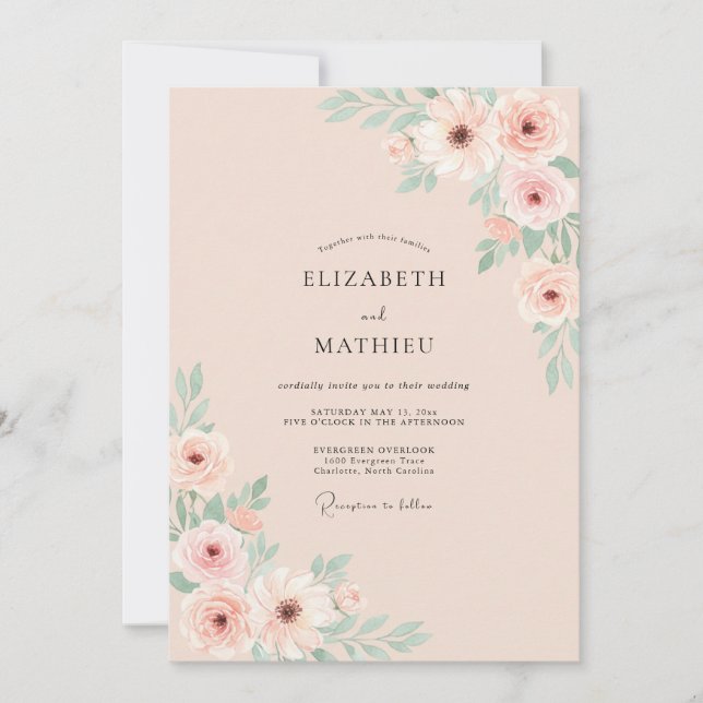 Invitación Boda floral exuberante de rosa rubor (Anverso)