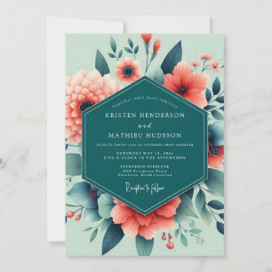 Invitación Boda floral exuberante en azul turquesa coral