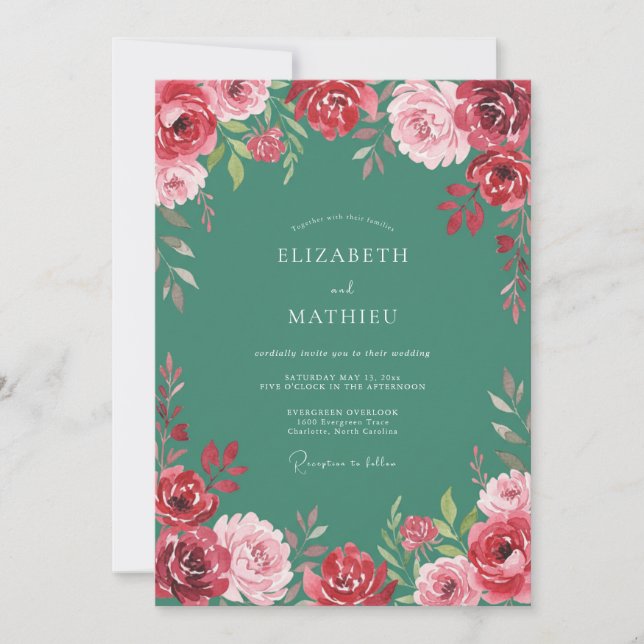 Invitación Boda floral exuberante verde espuma de mar (Anverso)