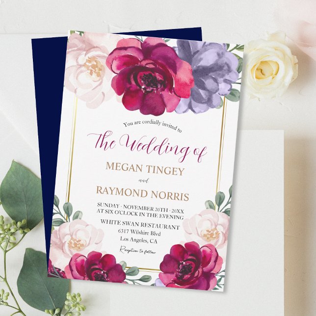 Invitación Boda floral floral azul borgoña Rubor (Subido por el creador)