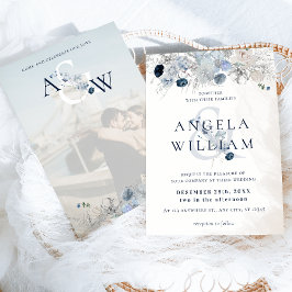Invitación Boda Floral Floral Azul Invierno Elegante