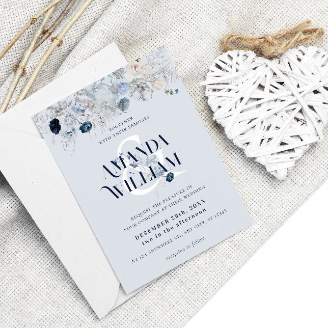 Invitación Boda Floral Floral Azul Invierno Elegante (Subido por el creador)