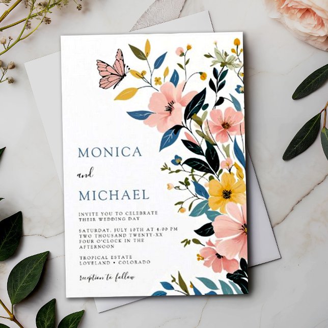 Invitación Boda floral floral azul y Rosa moderno (Subido por el creador)