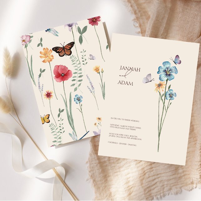 Invitación Boda Floral Floral de flores silvestres azul simpl (Simple Blue Wildflower Butterflies Floral Wedding Invitation)