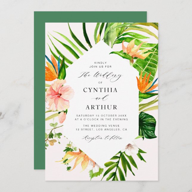 Invitación boda floral floral de hojas tropicales de palmera  (Anverso / Reverso)