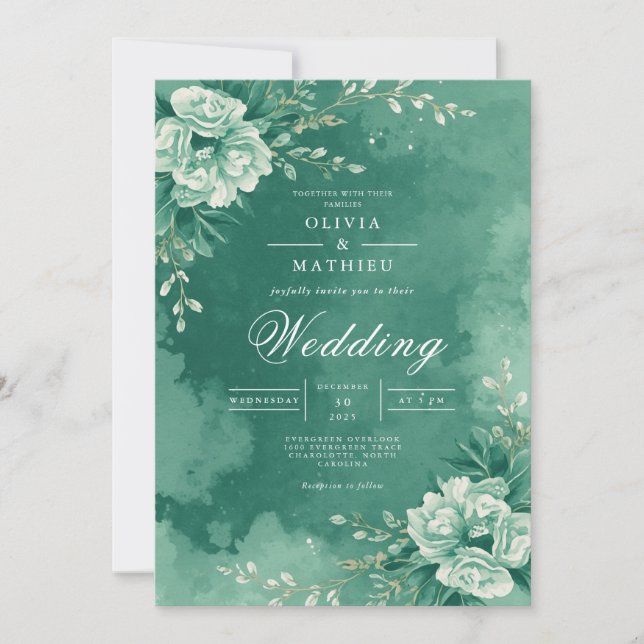 Invitación Boda floral floral verde azulada (Anverso)