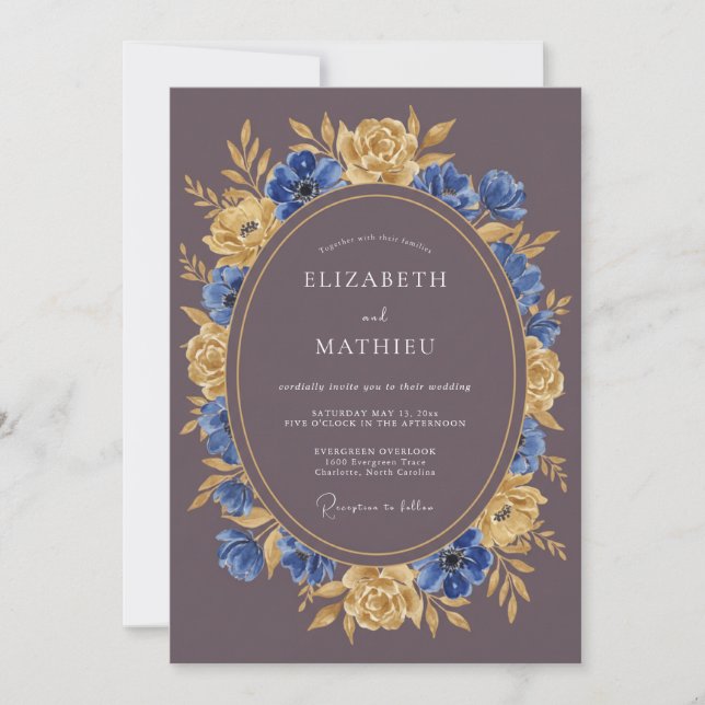 Invitación Boda Floral Florecer Oro Azul (Anverso)