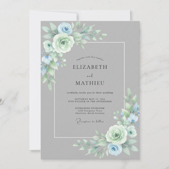 Invitación Boda floral florecida de azul polvoriento (Anverso)