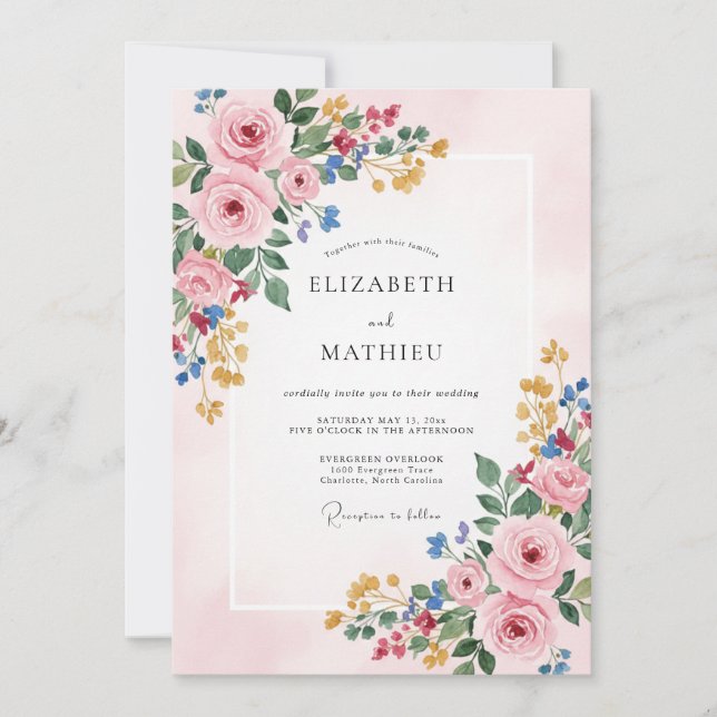 Invitación Boda floral florecida de rosa rubor (Anverso)