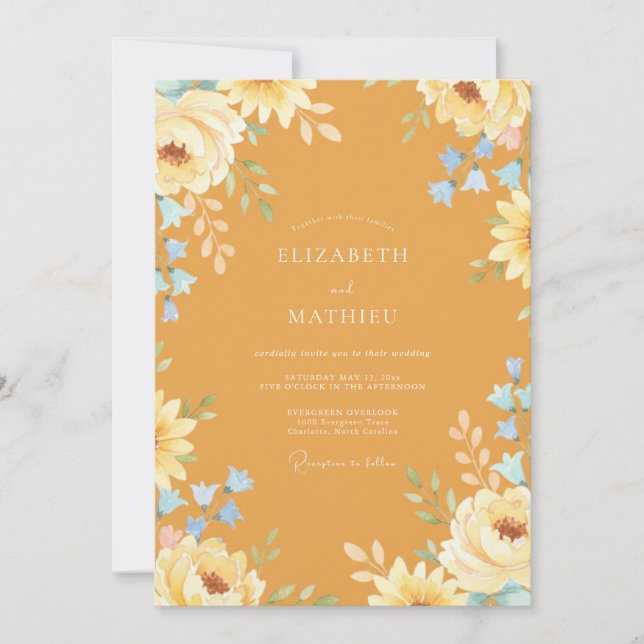 Invitación Boda floral floreciendo en ocre (Anverso)