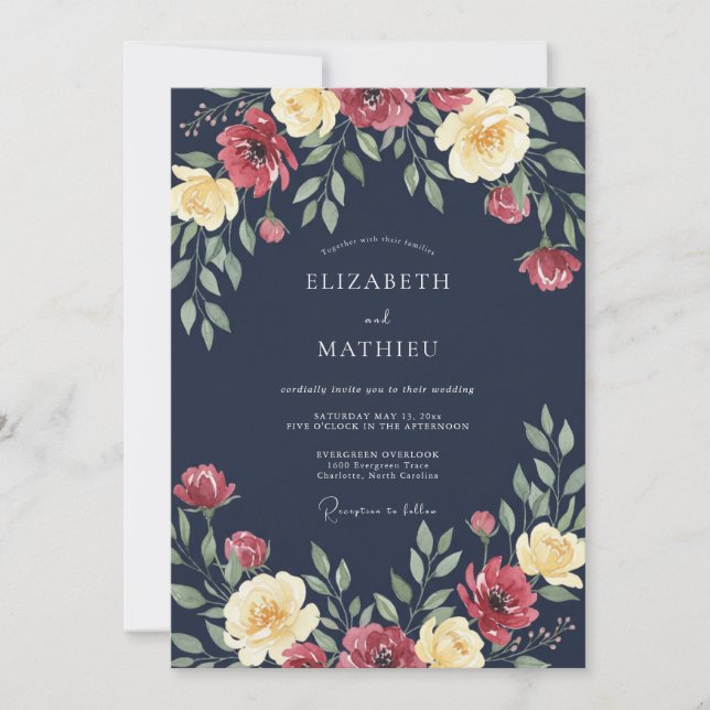 Invitación Boda floral floreciente azul marino (Anverso)