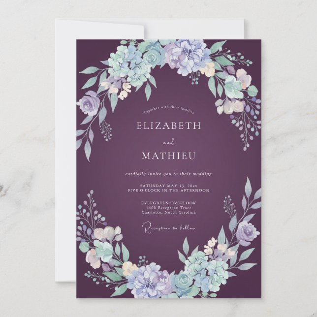 Invitación Boda floral floreciente de berenjena (Anverso)