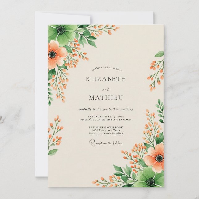 Invitación Boda floral floreciente de melocotón (Anverso)