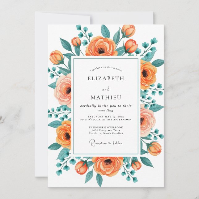 Invitación Boda floral floreciente melocotón turquesa (Anverso)