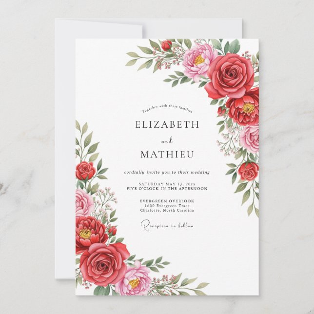 Invitación Boda floral floreciente rosa rojo (Anverso)