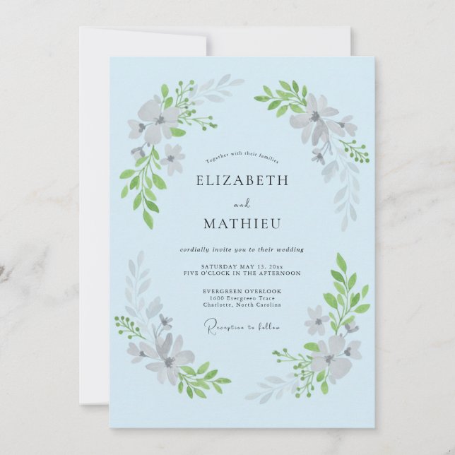 Invitación Boda Floral Florecimiento Azul Pastel (Anverso)