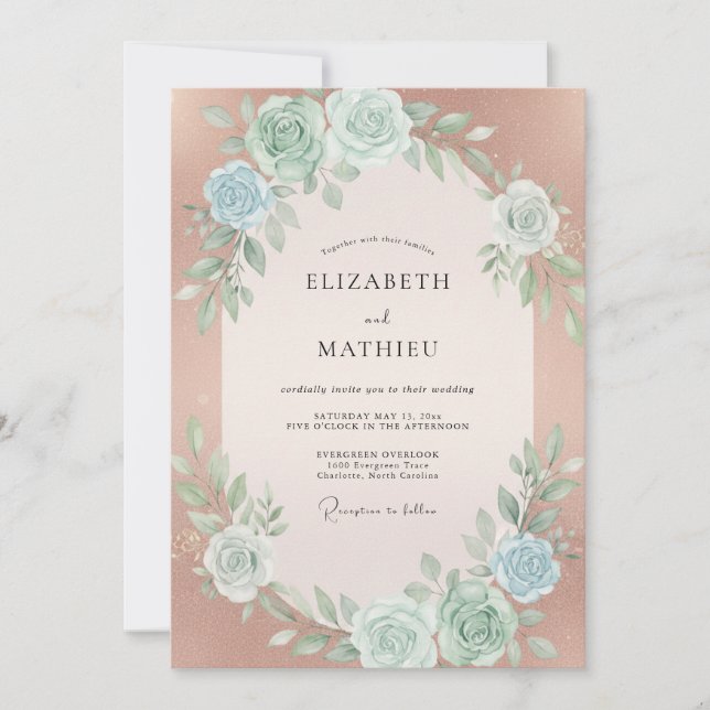 Invitación Boda Floral Florecimiento en Oro Rosa (Anverso)