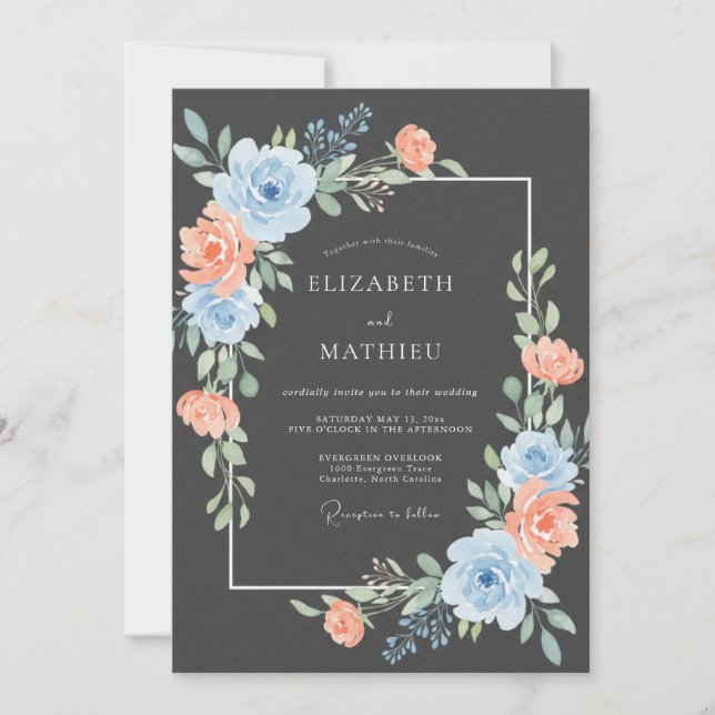 Invitación Boda Floral Florecimiento Melocotón Azul (Anverso)