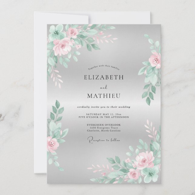 Invitación Boda Floral Florecimiento Rosa Menta (Anverso)