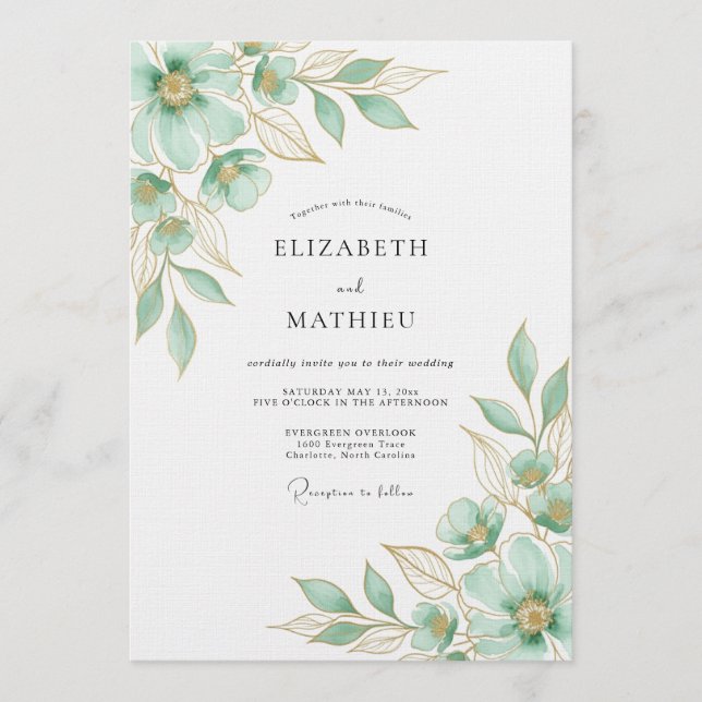 Invitación Boda Floral Florecimiento Verde Menta (Anverso)