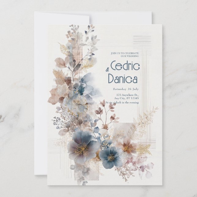 Invitación Boda floral folclórico azul apagado (Anverso)