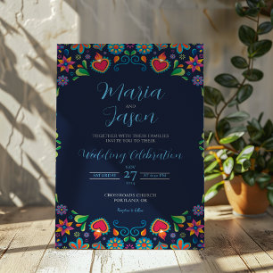 Invitación Boda floral folclórico azul de la marina de México