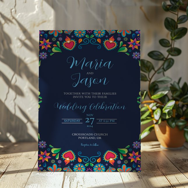 Invitación Boda floral folclórico azul de la marina de México (Mexican Navy Blue Vintage Folkloric Floral Wedding Invitation)
