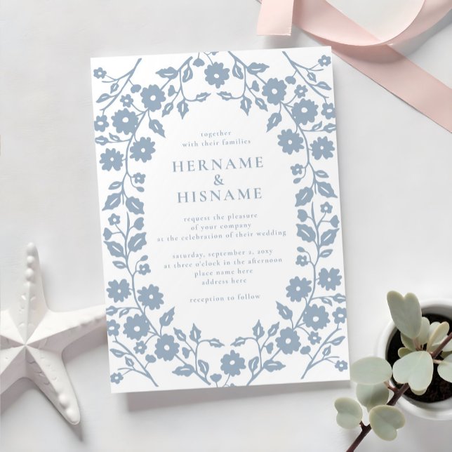 Invitación Boda Floral Folclórico Azul Dusty Azul Simple Blan (Subido por el creador)