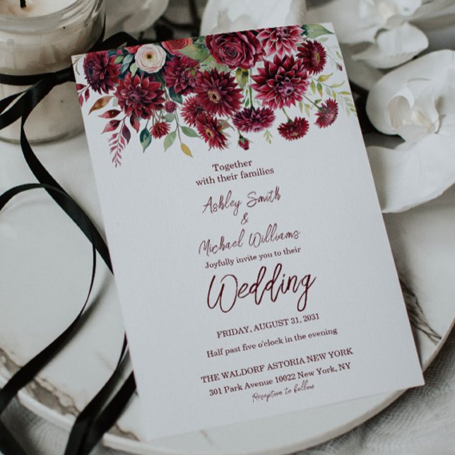 Invitación Boda floral formal Boho Borgoña moderna (Subido por el creador)