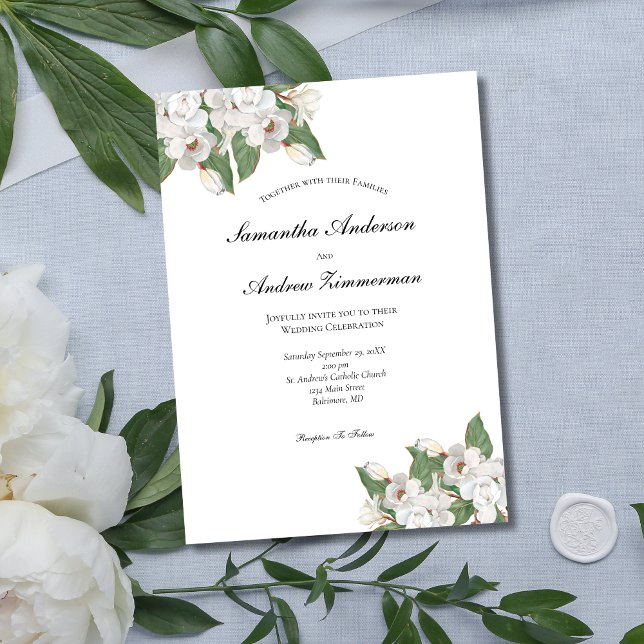 Invitación Boda Floral Formal Elegante de Magnolias Blancas (White Magnolias Floral Flowers Greenery Elegant Wedding Invitation
)