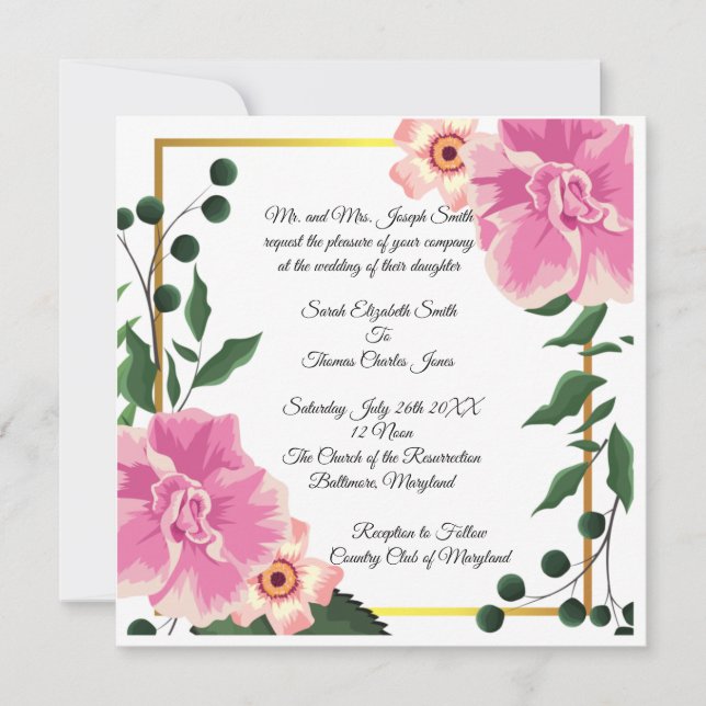 Invitación Boda floral formal rosa y verde (Anverso)