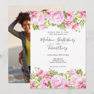 Invitación Boda Floral Foto de Peonía Verde Rosa Rubor