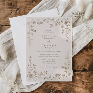 Invitación Boda Floral Francesa Beige Marrón Vintage