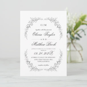 Invitación Boda floral francesa blanca y negra moderna y eleg