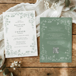 Invitación Boda floral francesa con toile de verde salvia vin