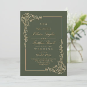 Invitación Boda floral francesa elegante en verde salvia y do