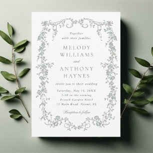 Invitación Boda floral francesa elegante verde salvia