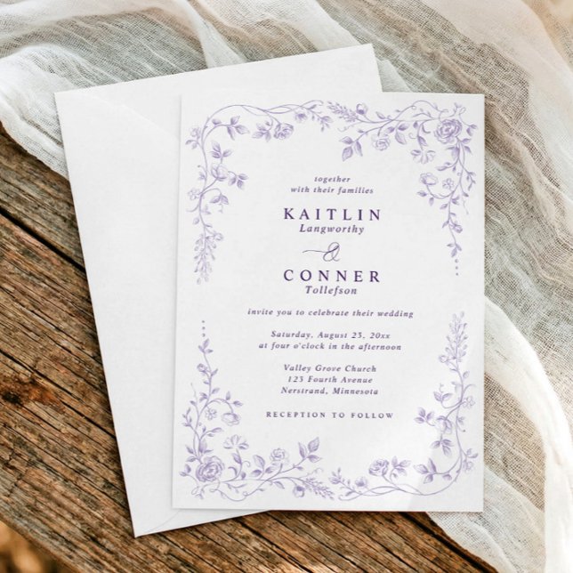 Invitación Boda Floral Francesa Lila Antiguo (Lavender light purple French floral wedding invitation with chinoiserie and Victorian toile details)