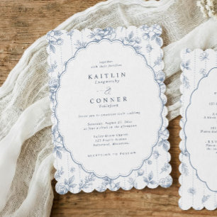 Invitación Boda floral francesa ovalada vintage en azul polvo