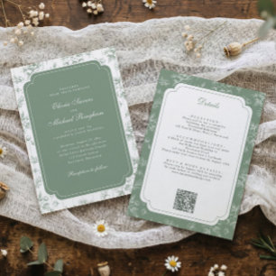 Invitación Boda Floral Francesa Verde Salvia Vintage
