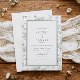 Invitación Boda Floral Francesa Verde Salvia Vintage