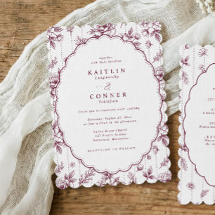 Invitación Boda Floral Francesa Vino Rojo Oscuro Óvalo Vintag