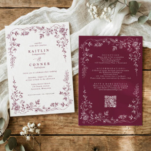 Invitación Boda Floral Francesa Vino Tinto Oscuro Vintage