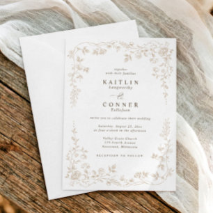 Invitación Boda floral francesa vintage beige