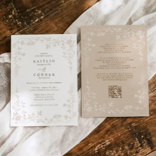 Invitación Boda floral francesa vintage beige todo en uno
