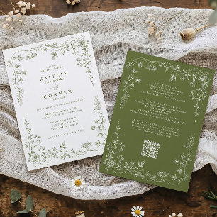 Invitación Boda floral francesa vintage en oliva todo en uno