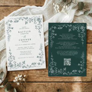 Invitación Boda Floral Francesa Vintage Esmeralda Verde